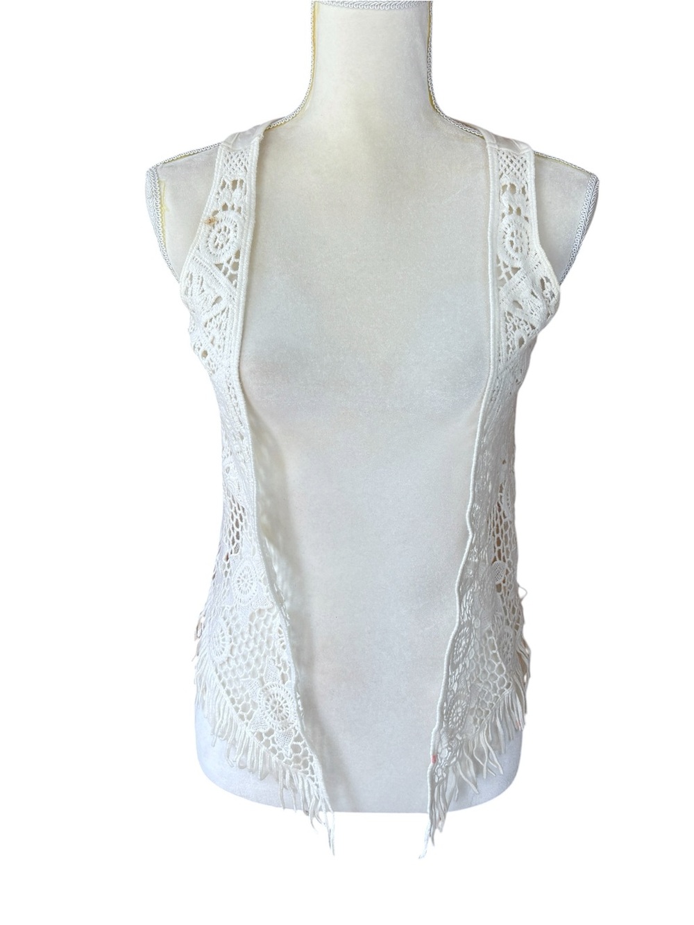 Women's crochet fringe open vest cardigan, size 16, boho, festival, summer